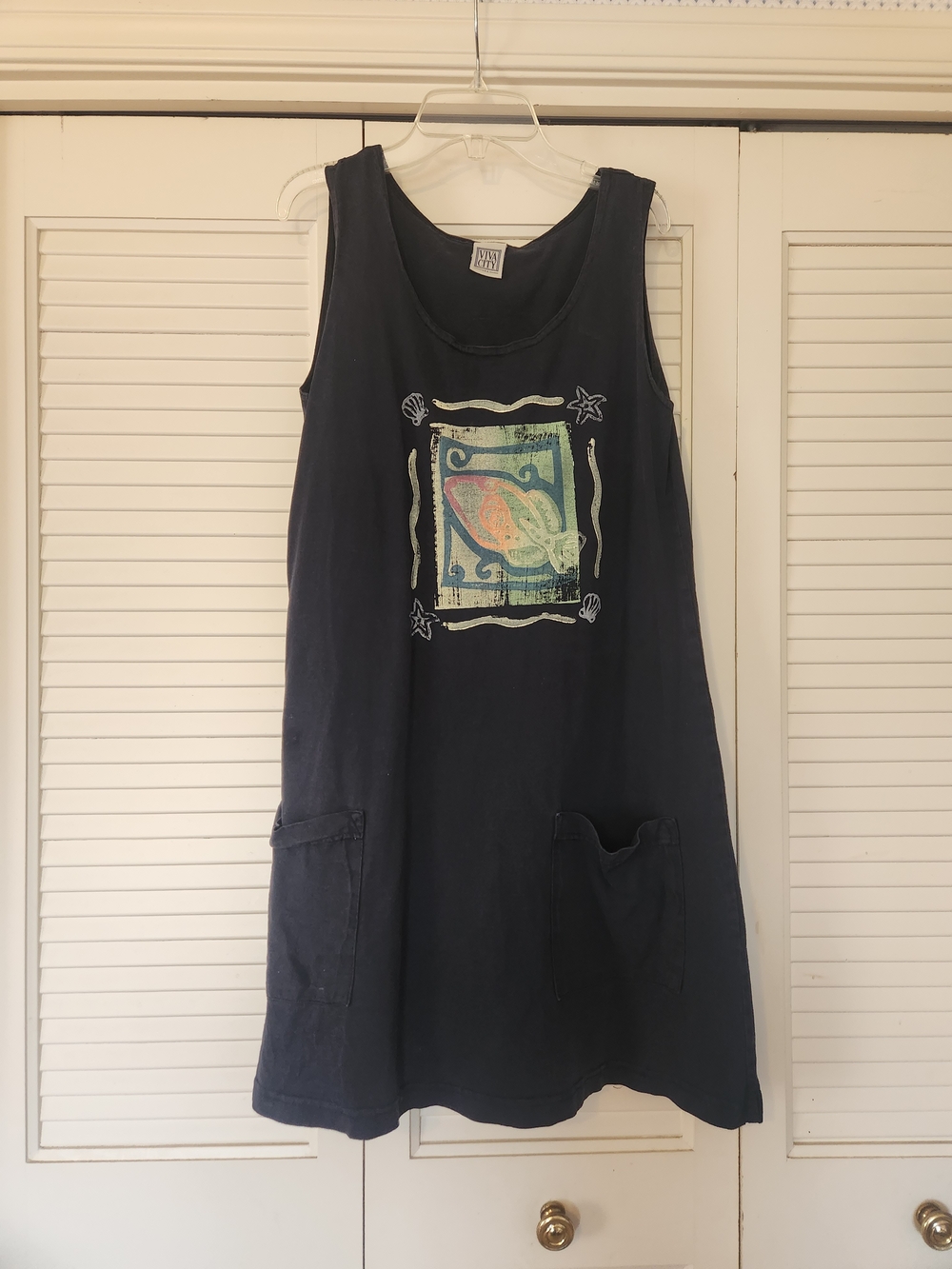 Vintage 90s Black Graphic Tank Dress with Front Pockets